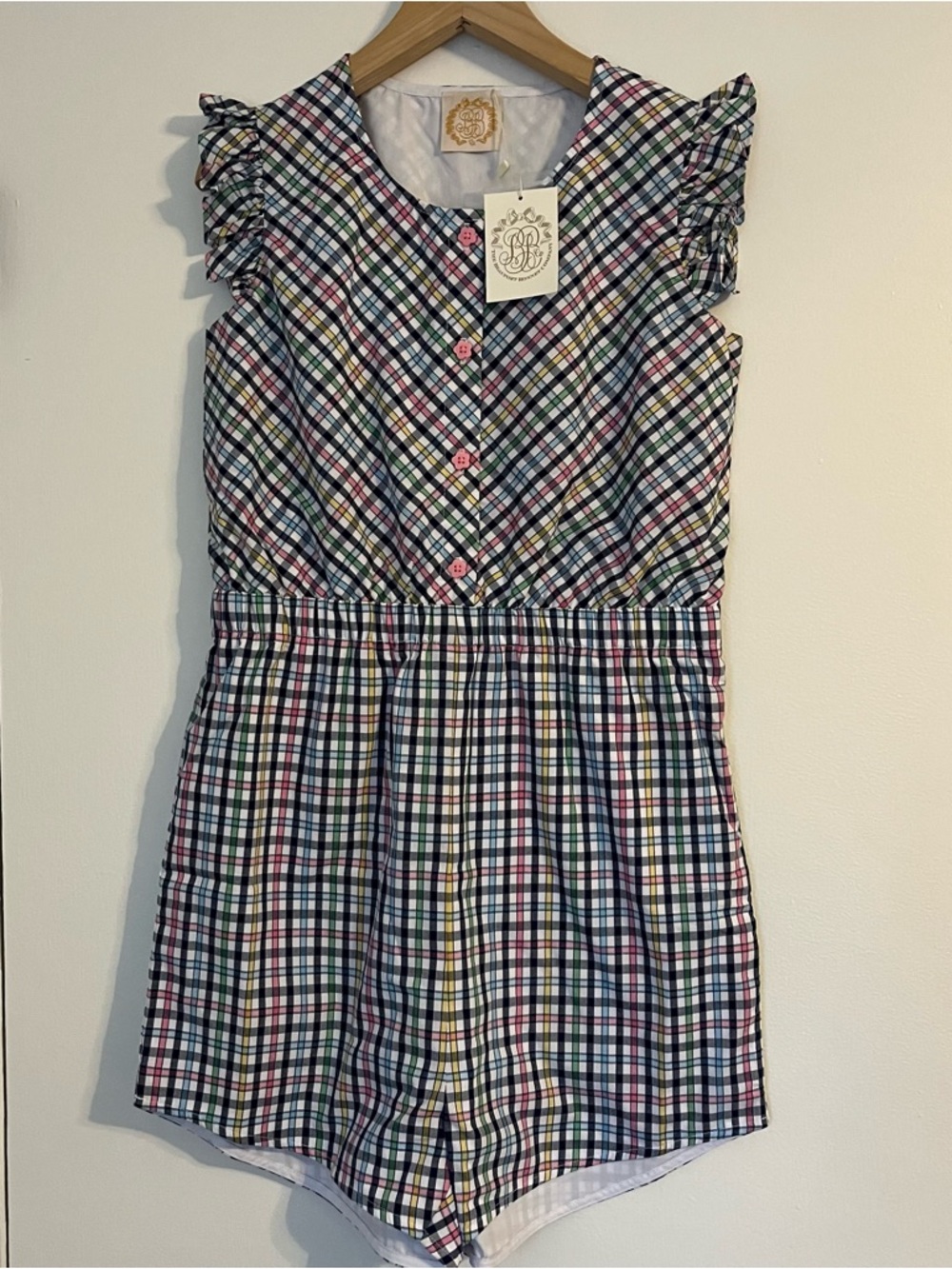 Beaufort Bonnet Company Marion Rose Romper- woven yar Pier point plaid 14 NWT